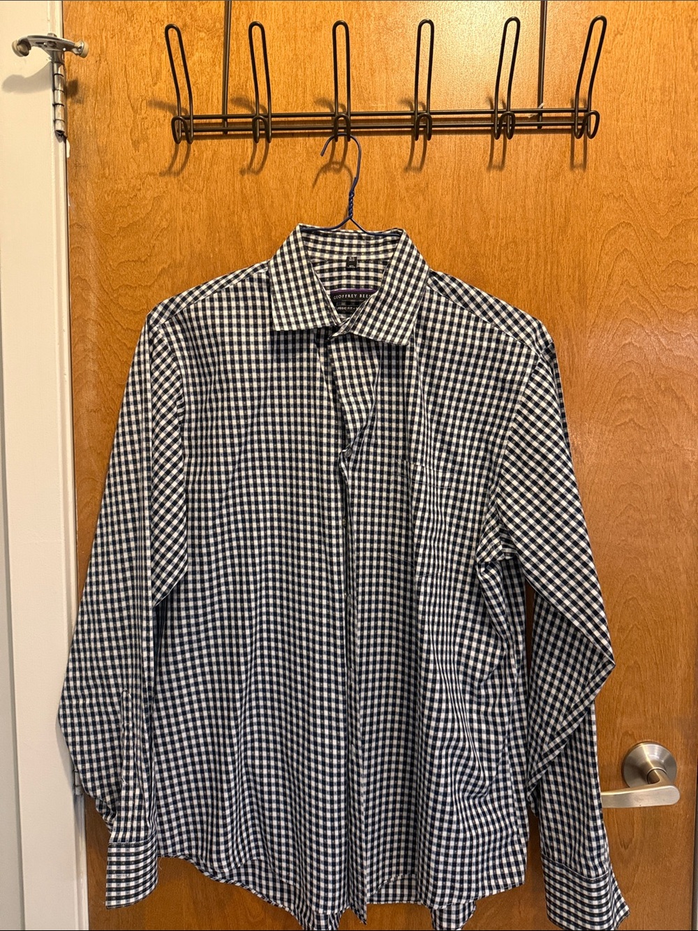 Geoffrey Beene Navy and White Gingham Button-Down Shirt
